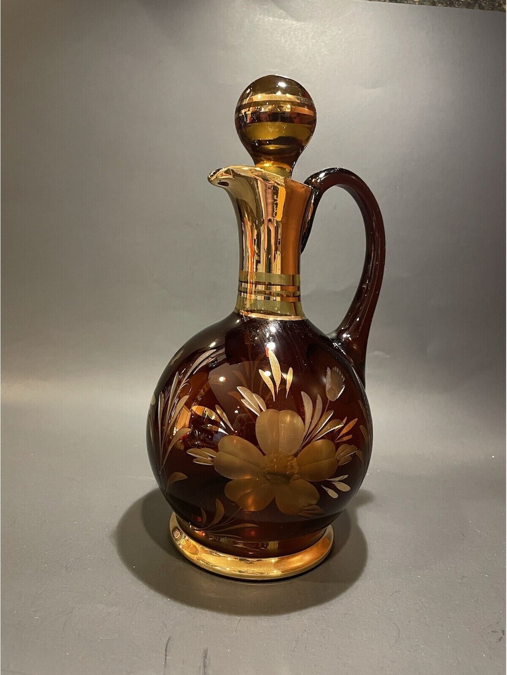 Rare Moser? Cut To Etched Glass Flower w/Gold Carafe with Stopper Czech Bohemian